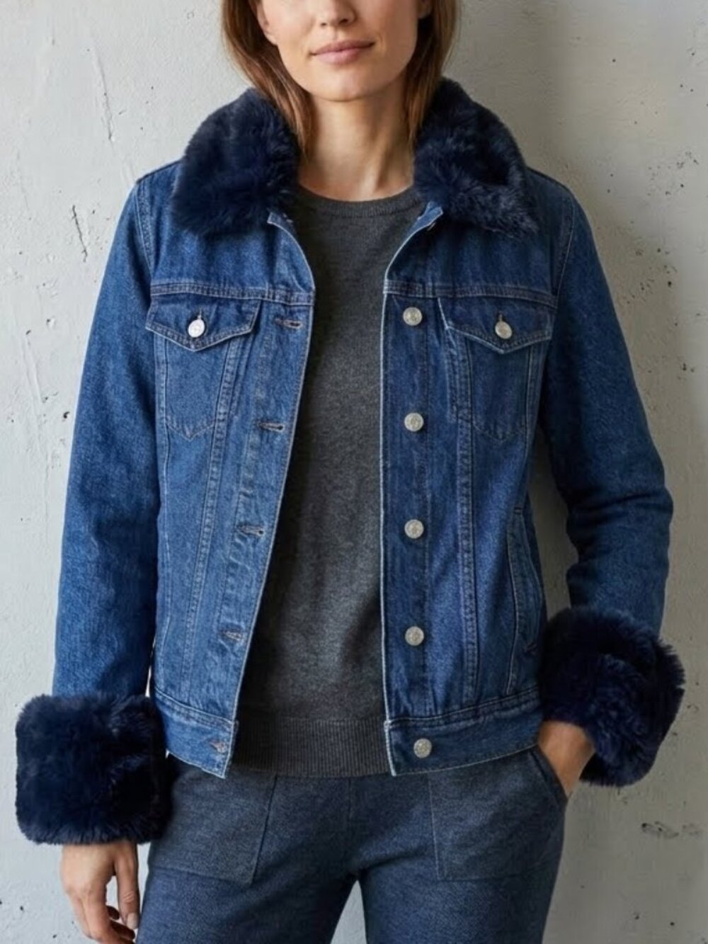 J. Crew Denim Jean Jacket With Faux Fur Collar & Cuffs Women's 2XS XXS
